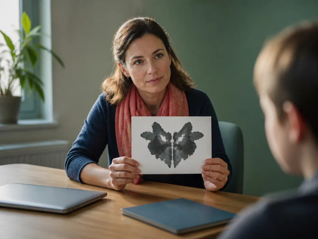 Planche de Rorschach aux taches symétriques sur une table, contexte clinique